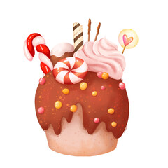 Decorated cupcake with chocolate frosting, lollipop sticks, peppermint candy and waffle roll. Holiday sweet food for birthday and Christmas greeting cards