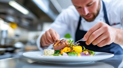 Focused chef artistically decorates a gourmet meat dish with a variety of colorful vegetables in a professional kitchen, enhancing aesthetic appeal and flavor balance.