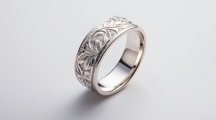 Elegant Silver Ring with Intricate Floral Engraving on a Soft Gray Background, Perfect for...