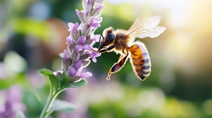 The image shows a bee mid-hover as it collects nectar from a lavender stem against a bright sunlit background, illustrating the delicate balance of nature.