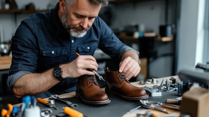 Image shows a skilled shoemaker working on crafting brown leather boots with fine tools on a table, representing dedication, skill, and traditional craftsmanship.