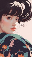 繊細な特徴を持つ女性の芸術的なイラストで、花柄の服と洗練されたディテールが特徴です。一部の画像は白黒で赤やパステルカラーのアクセントがあり、他は鮮やかな色と花の模様が描かれています。現代的な要素と伝統的な要素が融合したスタイルで、洗練されロマンチックな美学を表現しています。

