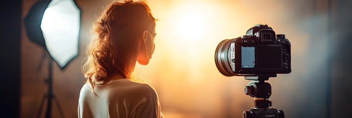 photoshoot with model and camera, light equipment, behind the scenes