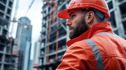 A construction worker in protective gear observes a skyscraper building site, highlighting the modern development in urban architecture and engineering work.