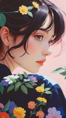 繊細な特徴を持つ女性の芸術的なイラストで、花柄の服と洗練されたディテールが特徴です。一部の画像は白黒で赤やパステルカラーのアクセントがあり、他は鮮やかな色と花の模様が描かれています。現代的な要素と伝統的な要素が融合したスタイルで、洗練されロマンチックな美学を表現しています。

