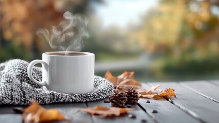 A steaming coffee cup sits warmly on a wooden table adorned with pine cones and autumn leaves, representing a cozy, tranquil autumn moment outdoors.