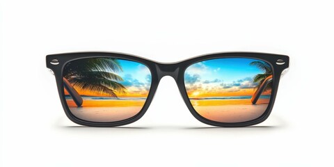 A pair of sunglasses with a reflection of a tropical beach isolated on a white background vibrant and summery theme sharp minimalist design