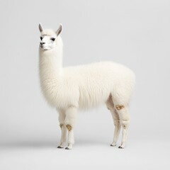 Adorable White Alpaca Standing Gracefully Against a Minimalist Background, Showcasing Its Soft Fur and Charming Facial Expression, Perfect for Nature and Animal Lovers