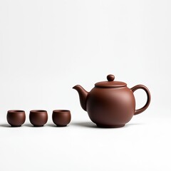 Elegant Brown Ceramic Teapot with Matching Cups for Tea Ceremony on Minimalist Background, Perfect for Home Decor and Culinary Photography