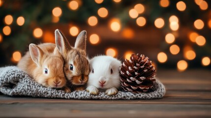 Fototapeta premium Adorable Baby Rabbits Resting Together on Cozy Blanket with Christmas Lights and Pine Cone in Background