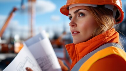 A thoughtful female builder clutches site blueprints at a construction location, exemplifying a dedication to detail, craftsmanship, and modern architectural advancements.