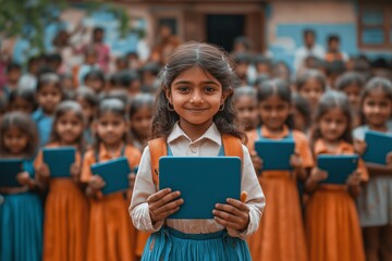 Schoolchildren in uniforms joyfully learning with tablets at rural school