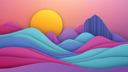 Obraz premium Colorful Abstract Landscape with Layers of Paper and Sunrise