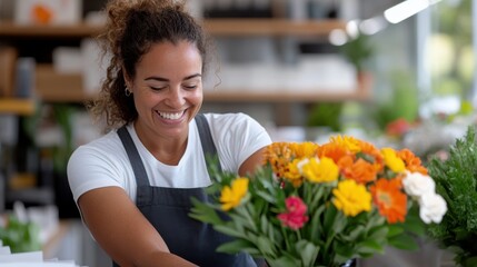 A cheerful florist smiles warmly while arranging a beautiful bouquet of mixed vibrant flowers at a market, surrounded by an abundance of colorful flora.