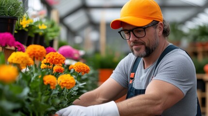 A dedicated gardener in a greenhouse carefully handling vibrant orange marigolds, symbolizing dedication and the nurturing of life and beauty in nature.