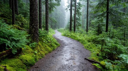 Obraz premium A trail through a mist-laden forest, surrounded by dense towering trees and vibrant green moss, creating a serene, immersive natural ambiance.