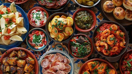 Fototapeta premium Tapas spread with assorted Mediterranean dishes, shrimp, roasted potatoes, fresh herbs, vibrant presentation, rustic bowls, cultural food styling, festive and hearty meal