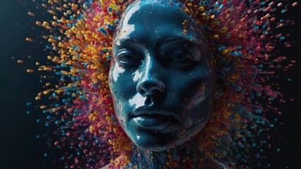 Portrait of a woman with creative makeup and explosion of color particles