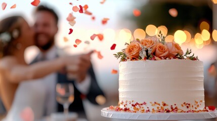 A visually stunning wedding cake with orange floral decorations captures attention at a festive wedding celebration, symbolizing elegance, creativity, and joyous moments.
