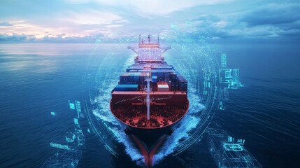 Advanced Cargo Ship with Futuristic Digital Overlay