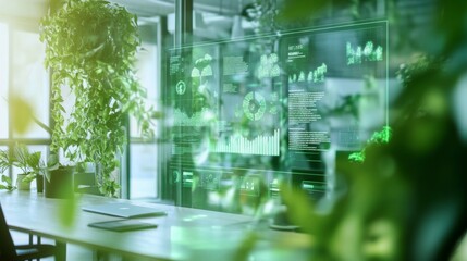 Sustainable Tech Office with Futuristic Interface and Green Plants