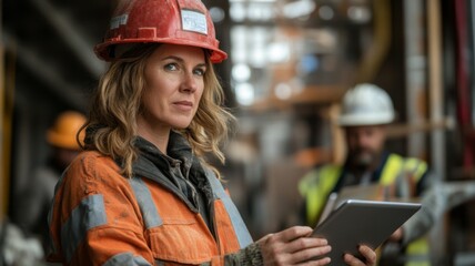 Confident Female Construction Worker in Safety Gear Using Tablet on Busy Worksite