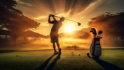 A golfer hits a sweeping swing after hitting a golf ball down the fairway against a backdrop of a sunrise.