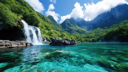 A powerful waterfall dramatically cascading down into a lush green valley, complemented by rocky terrains and enshrouded by a backdrop of towering mountain peaks.