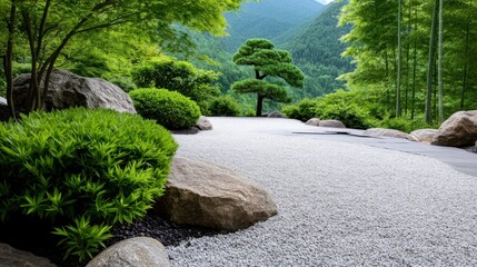 An inviting arrangement of a serene garden featuring harmonious rocks and lush greenery in a tranquil setting, emphasizing natural beauty and peacefulness.
