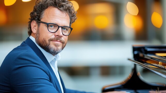 A man with curly hair and glasses gracefully plays the piano in a stylish setting with warm lighting, showcasing a sense of elegance and mastery of the instrument.