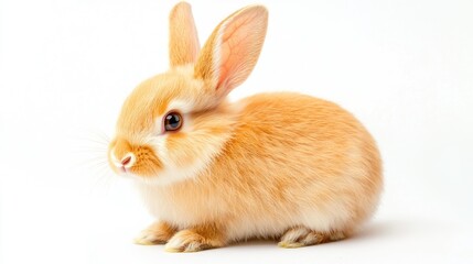 Obraz premium Adorable Curly-Furred Orange Bunny Rabbit Sitting on White Background, Capturing the Playful and Innocent Nature of Young Domestic Animals in Bright Lighting