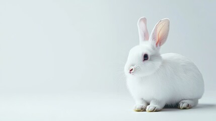 Obraz premium Cute and Fluffy White Rabbit Sitting Calmly Against a Light Background, Showcasing Its Soft Fur and Gentle Expressions Ideal for Nature Lovers and Animal Enthusiasts