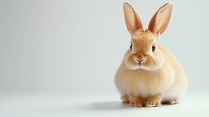 Obraz premium Adorable fluffy rabbit sitting peacefully on a smooth surface with bright, expressive eyes and soft, pastel-colored fur against a light background.