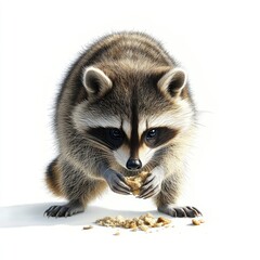 Naklejka premium Realistic portrait of a raccoon sitting and eating crumbs, showcasing its cute features, expressive eyes, and detailed fur, against a clean white background