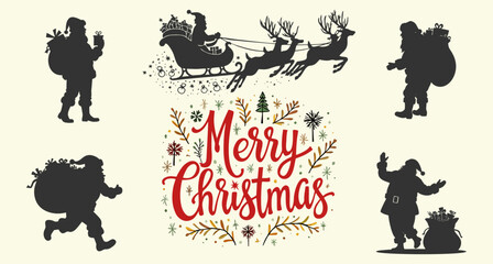 Isolated vector set of silhouette elements for Christmas and New Year, Santa Claus dancing with a bag of gifts and toys, rushing, greeting and dancing, for holiday decoration, gifts, cards and design