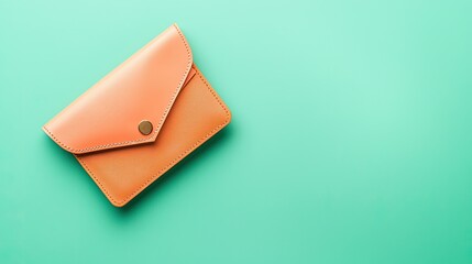 Stylish Orange Leather Wallet on Smooth Mint Green Background, Perfect for Fashion Accessories and Lifestyle Photography