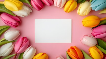 White card is placed in the center of a circle of flowers. The flowers are of various colors and sizes, including pink, yellow, and orange. Concept of celebration and joy, as the flowers