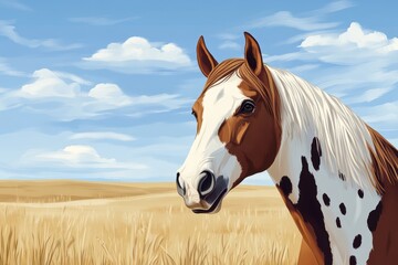 Obraz premium 草原で休む斑点のある馬の表情と豊かな自然の風景