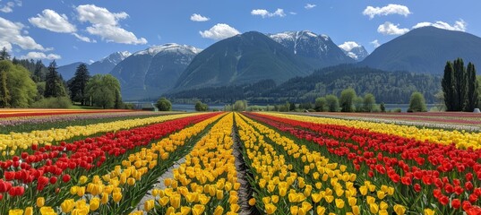 A vibrant tulip field in full bloom under a bright blue sky, welcoming the arrival of spring