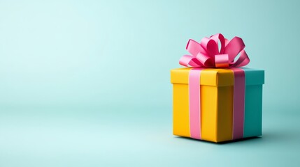 Obraz premium Yellow and blue box with a pink ribbon on top. The box is sitting on a blue background