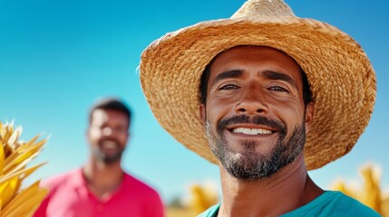 Man wearing a straw hat is smiling at the camera. He is surrounded by yellow corn. The man is wearing a green shirt