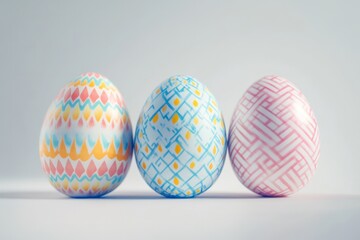 Fototapeta premium Vibrant pastel eggs adorned with intricate patterns celebrate springtime joy in a minimalist setting