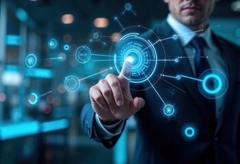 Businessman Interacting with Futuristic Digital Interface in High-Tech Environment