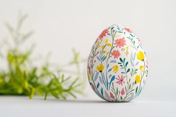 Fototapeta premium Colorful Easter egg adorned with vibrant floral patterns, standing gracefully against a minimalist backdrop with greenery