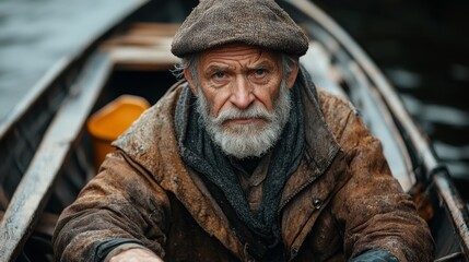 Obraz premium Man in a hat and a jacket sits in a boat. He looks tired and worn out