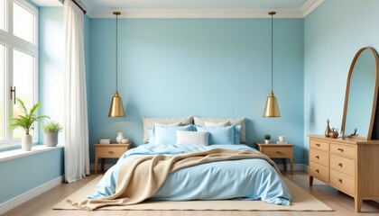 Modern bedroom with minimalist design featuring light blue walls and cozy bedding, accented by warm wooden furniture and soft natural lighting.