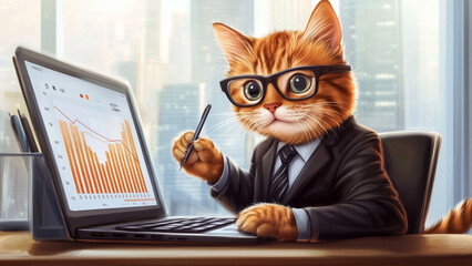 A professional cat studying financial graphs on a laptop