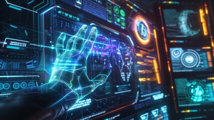 Fototapeta premium A hand engages with an intricate digital dashboard, showcasing a futuristic interface filled with data and cyber elements, reflecting virtual interaction. AI generated.