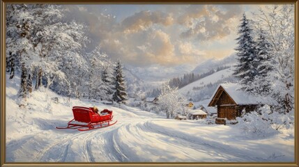 Large framed print a snowy landscape with a bright red sleigh in the foreground