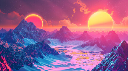 Colorful retro vaporwave landscape.